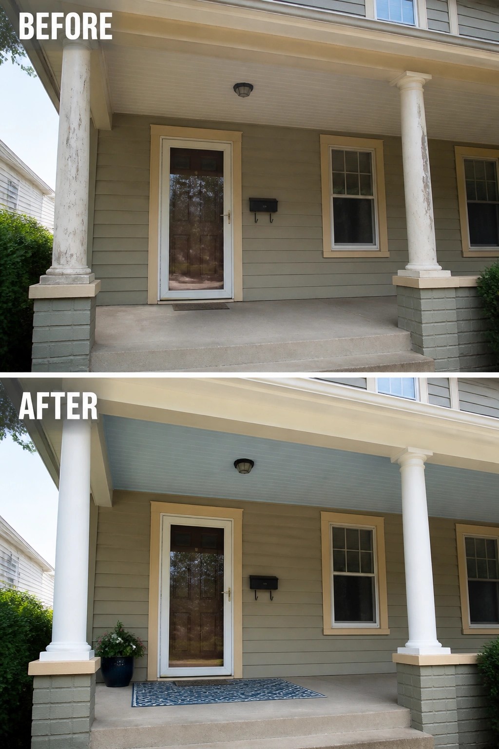 Before and after of front porch with painted white columns and blue ceiling.