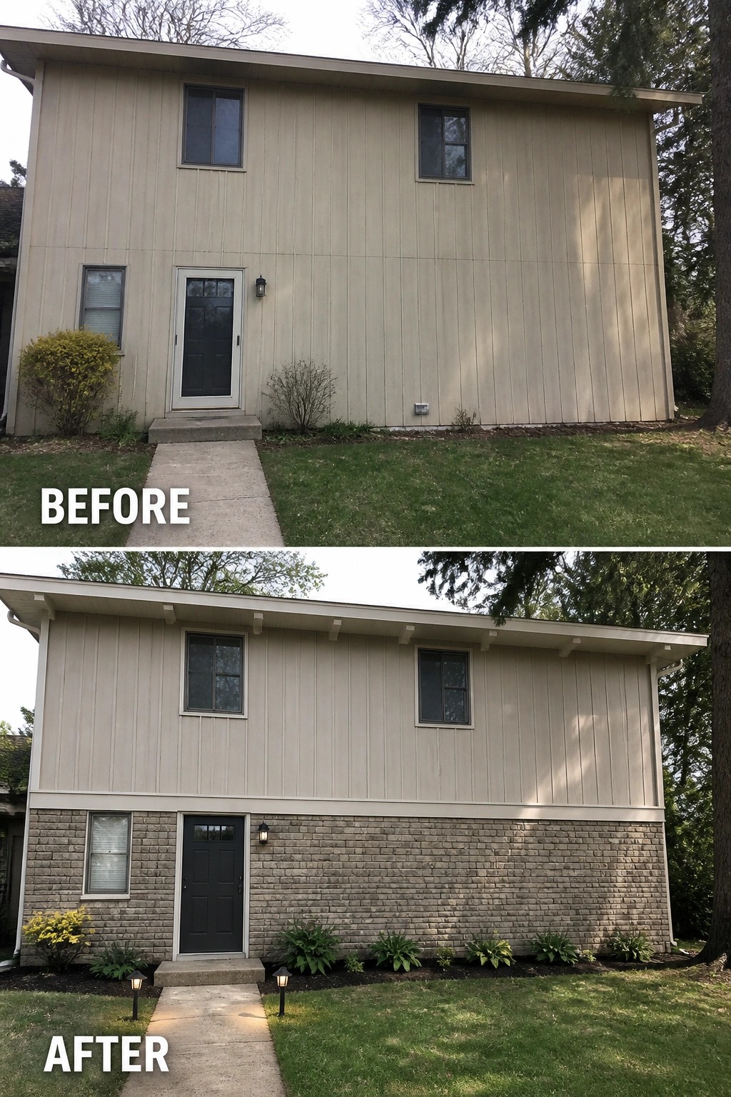 Before and after house exterior with stone base, new door and landscaping