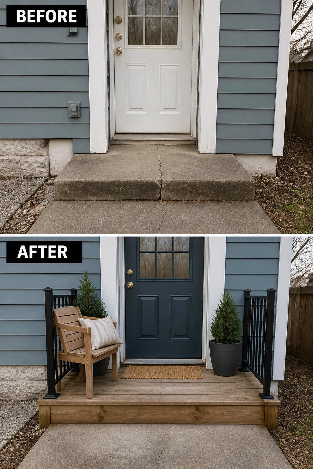 Before and after porch renovation: cracked concrete replaced by wooden deck with railings and chair.