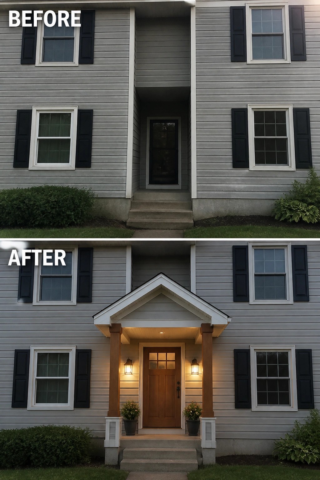 Before and after view of gray house with new gabled porch and lights.