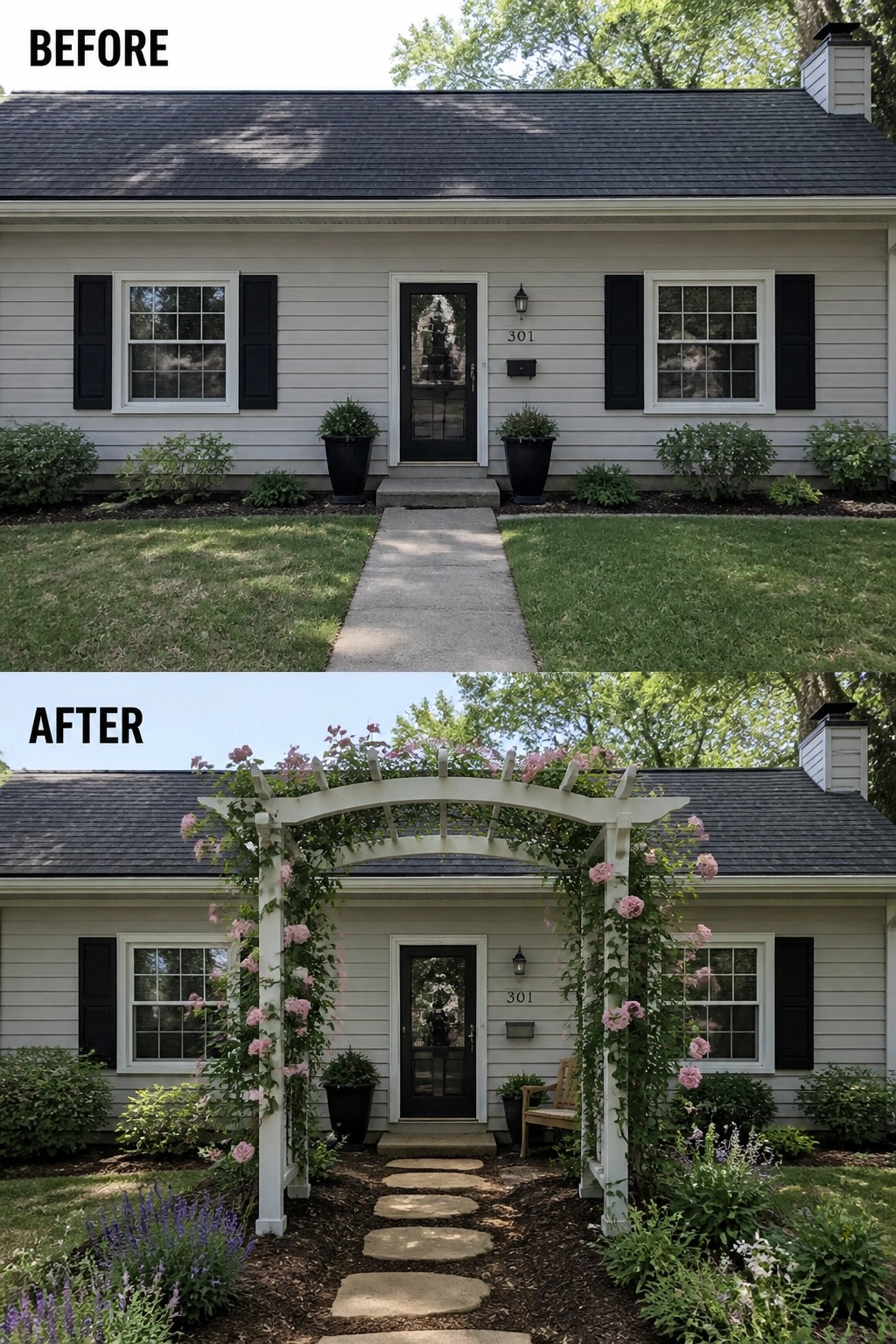 Before-and-after image of a house front entry updated with a white pergola, climbing roses, and a stepping stone path.