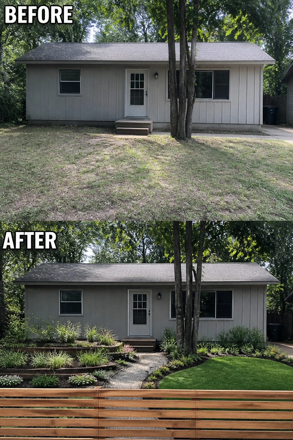 Before and after of house with added landscaping, path, and fence