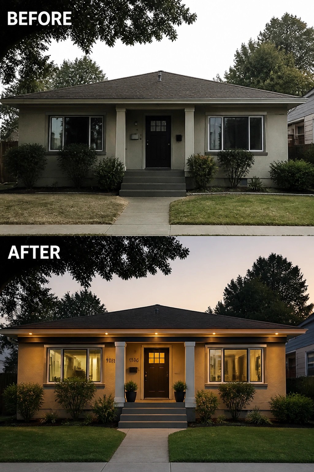 Before-and-after image of a house exterior updated with roofline lighting, warm window glow, and entry planters.