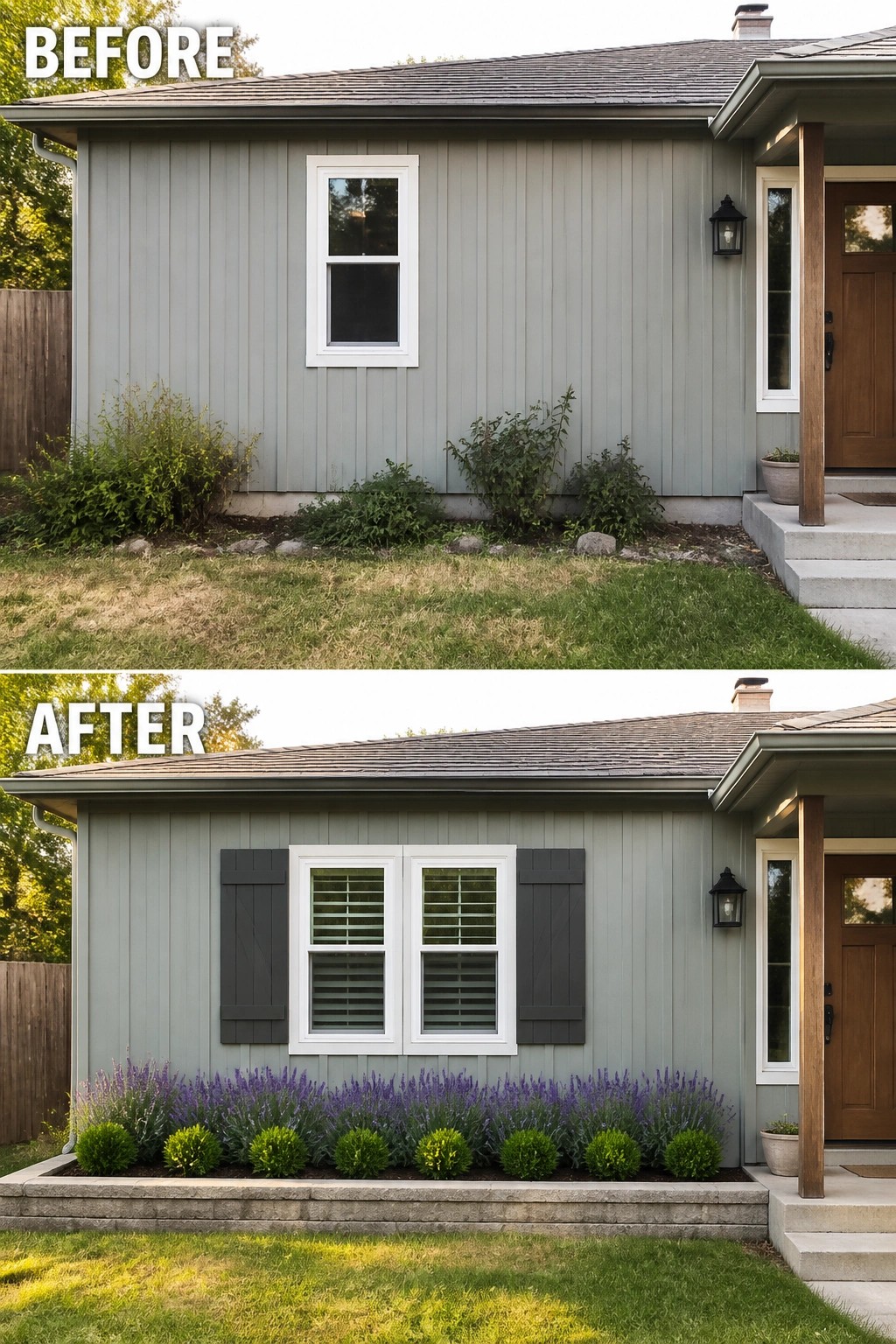 Gray house exterior before and after adding dark shutters and lavender garden bed.
