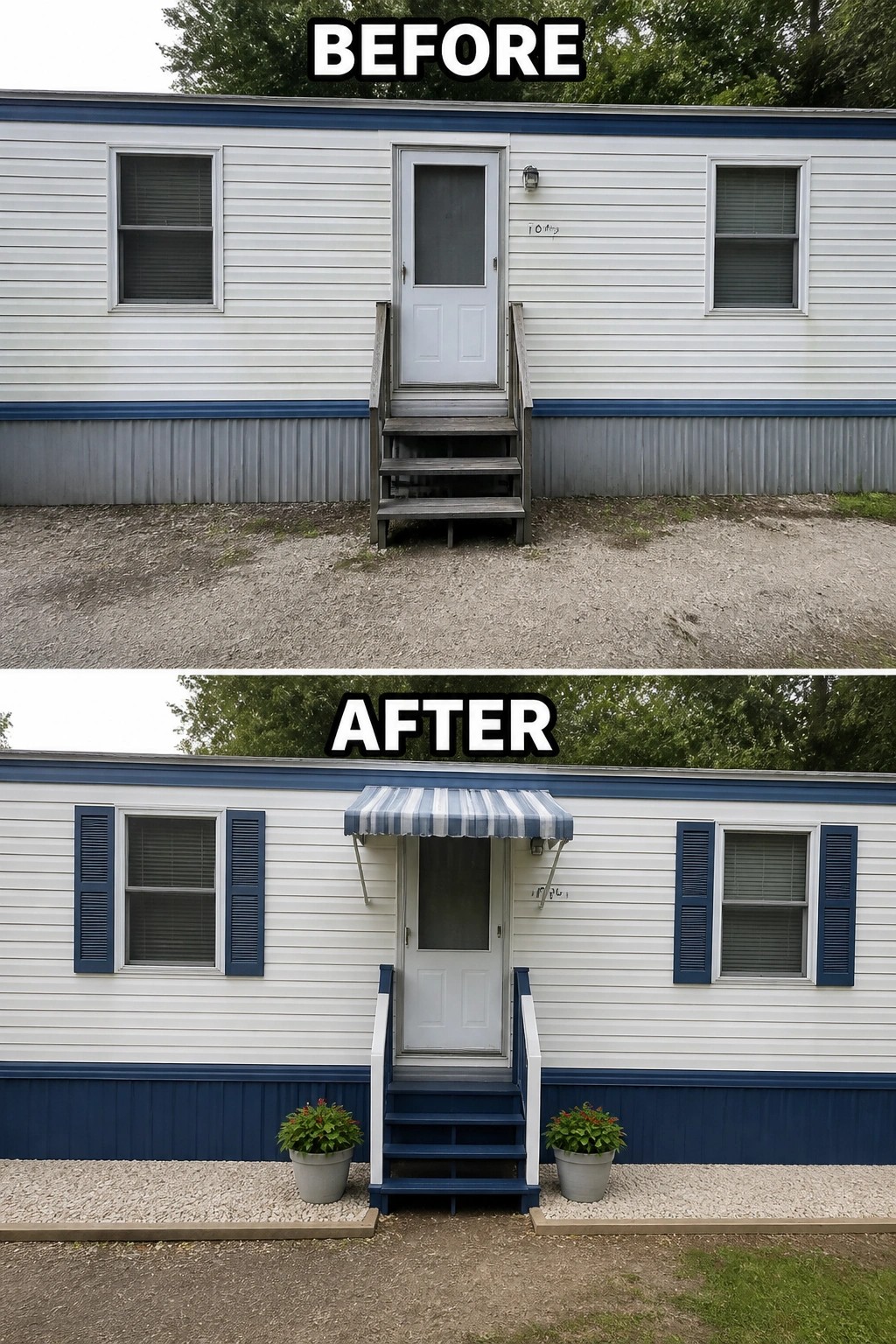 Before-and-after image of a mobile home exterior updated with blue shutters, a striped awning over the door, painted stairs, and potted plants.