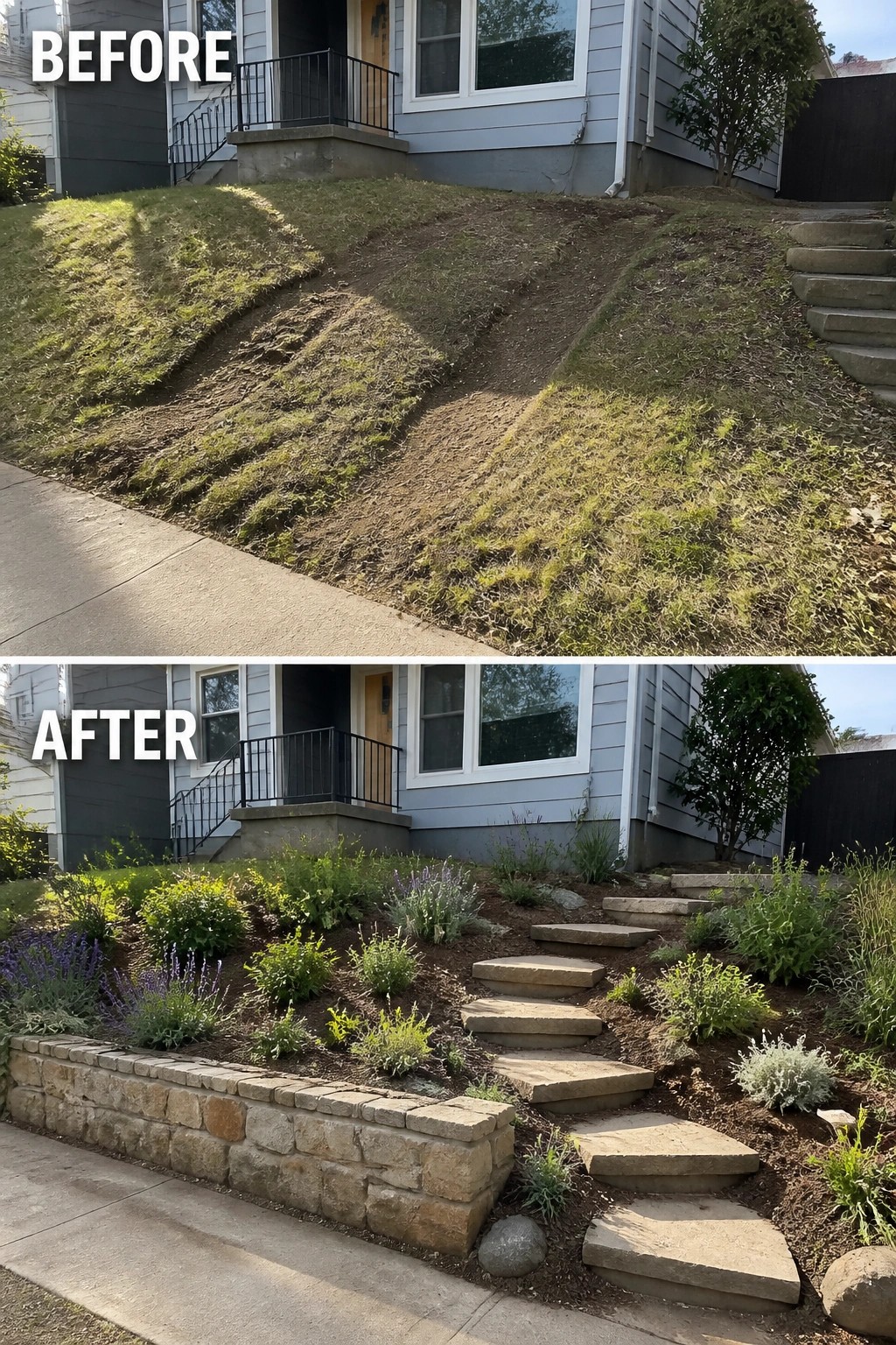 Before and after of eroded slope landscaped with stone wall, steps and plants