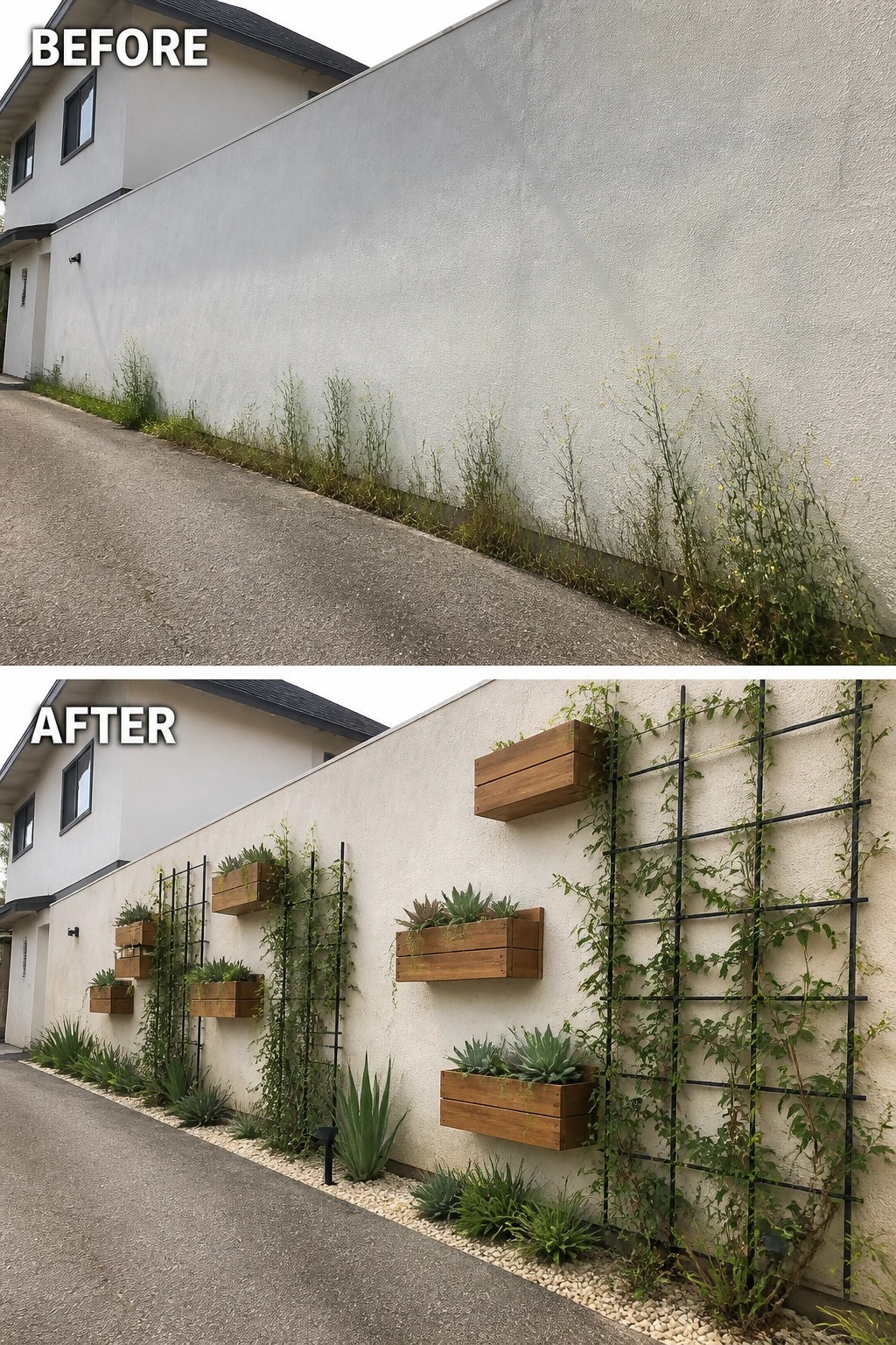 Before and after of wall with added planters, trellises, vines, and landscaping