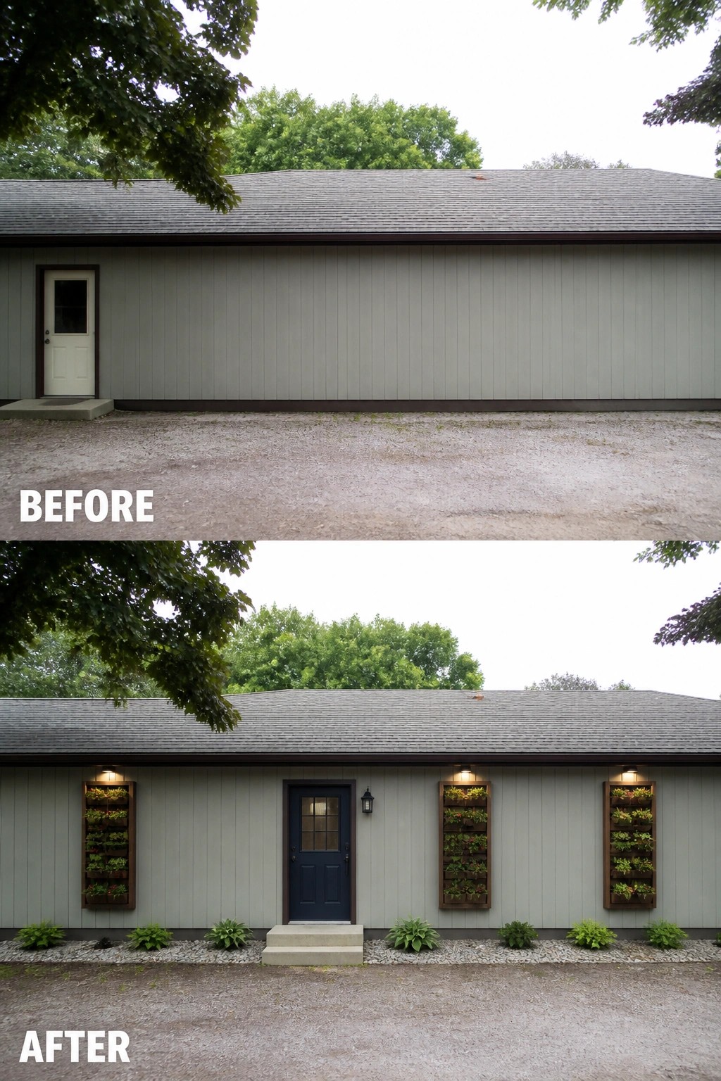 Before-and-after image of a house exterior showing a plain wall with a small white door changed by adding a blue door, two vertical wall planters with lights, and low ground plantings.