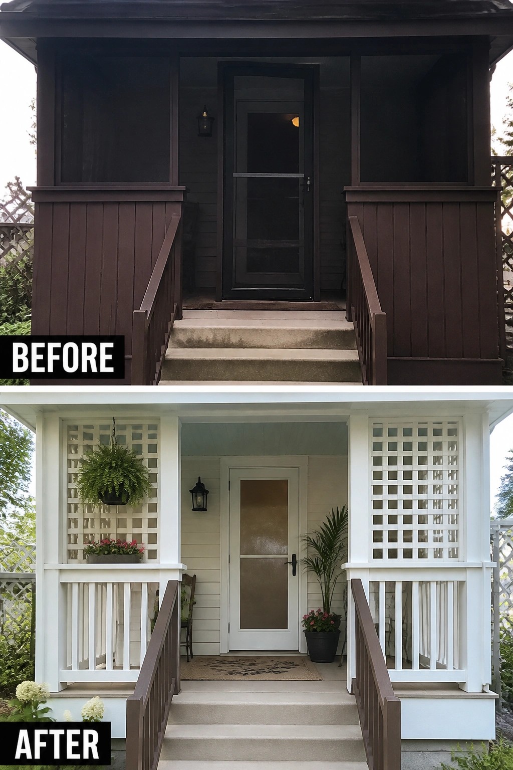 Before-and-after image of a dark enclosed porch updated with white paint, open lattice railings, and added planters around the entry.