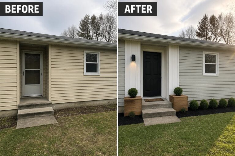 22 Practical Exterior Transformation Ideas for Homes With Awkward Facades Before and after house entrance with new black door, planters, and landscaping