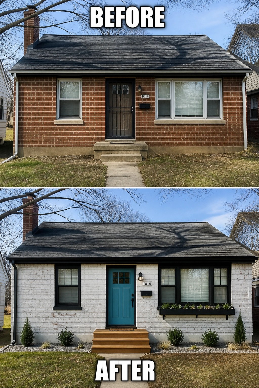 Before-and-after image of a red brick house exterior changed to white paint with black trim, a teal door, and added plants along the front.