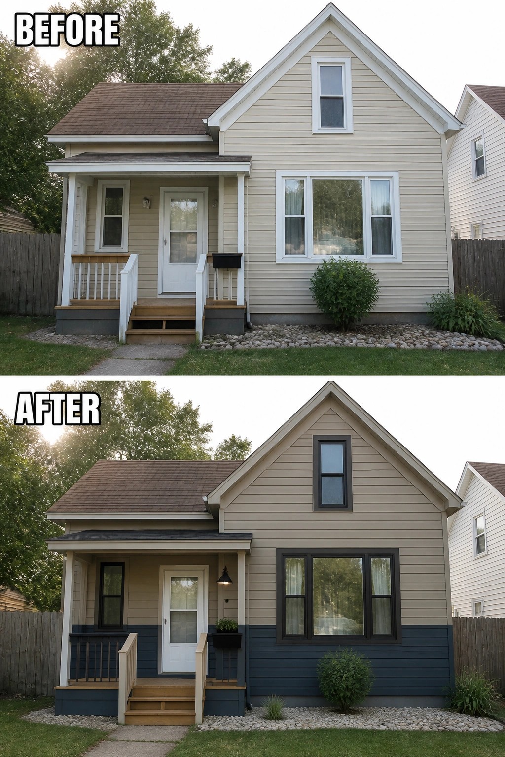 Before-and-after image of a house exterior updated with a two-tone paint scheme, dark window frames, and refreshed porch details.
