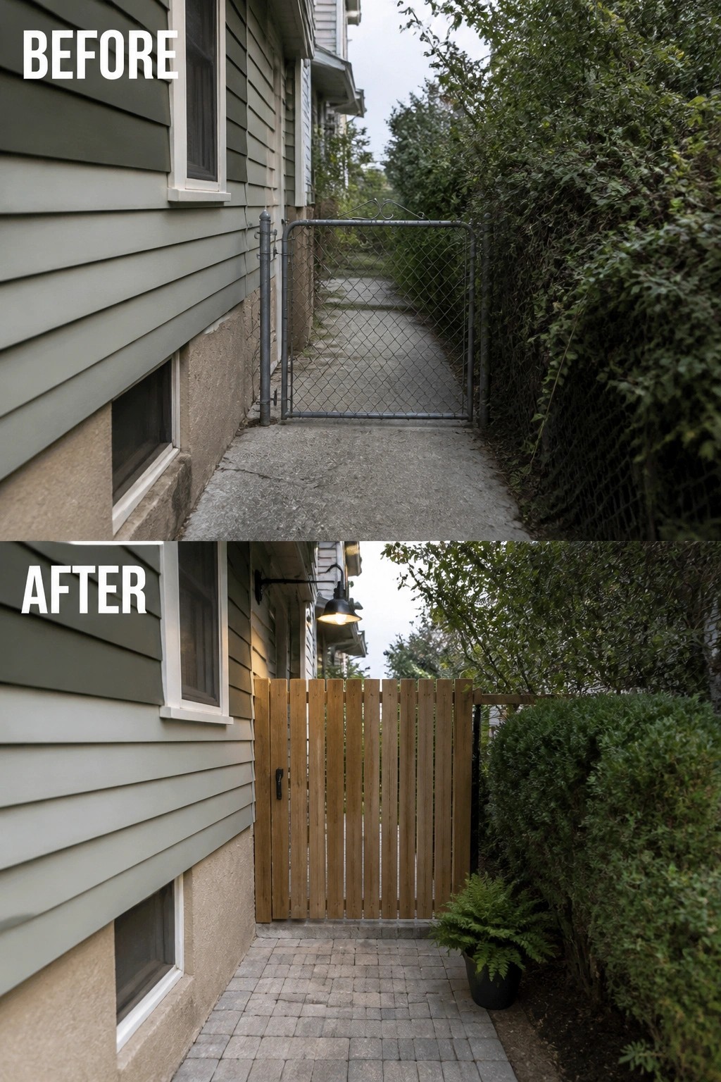 Before chain-link gate and concrete path, after wooden gate with brick walkway and light.