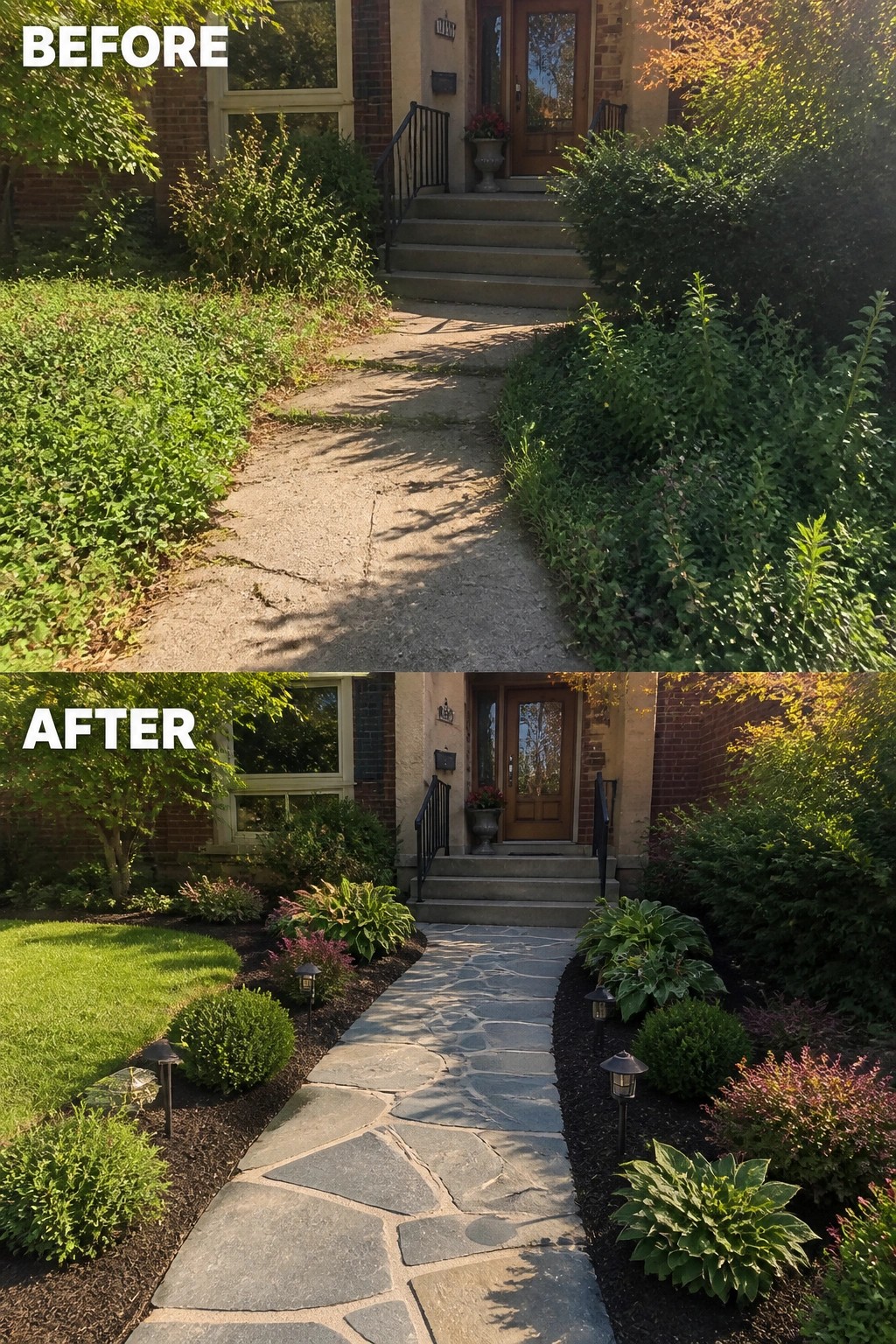 Before and after house entrance: overgrown path replaced by neat stone walkway and garden
