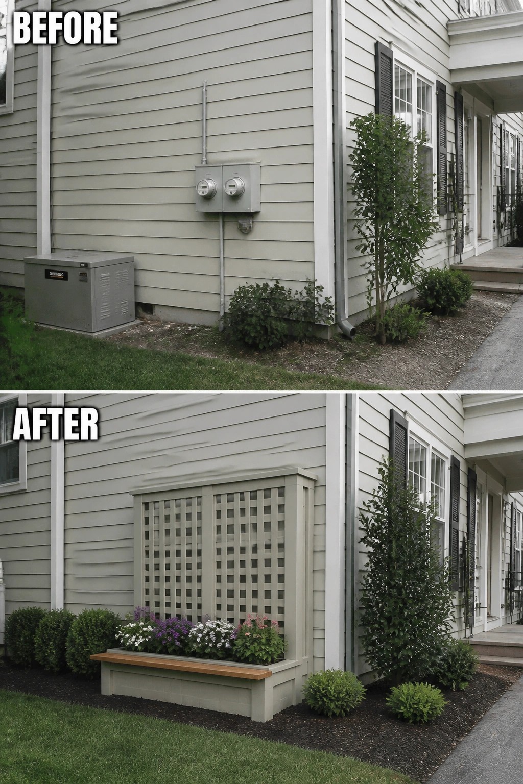 Before-and-after image of a house exterior showing utility meters hidden behind a painted lattice screen with a built-in planter box added at the base.