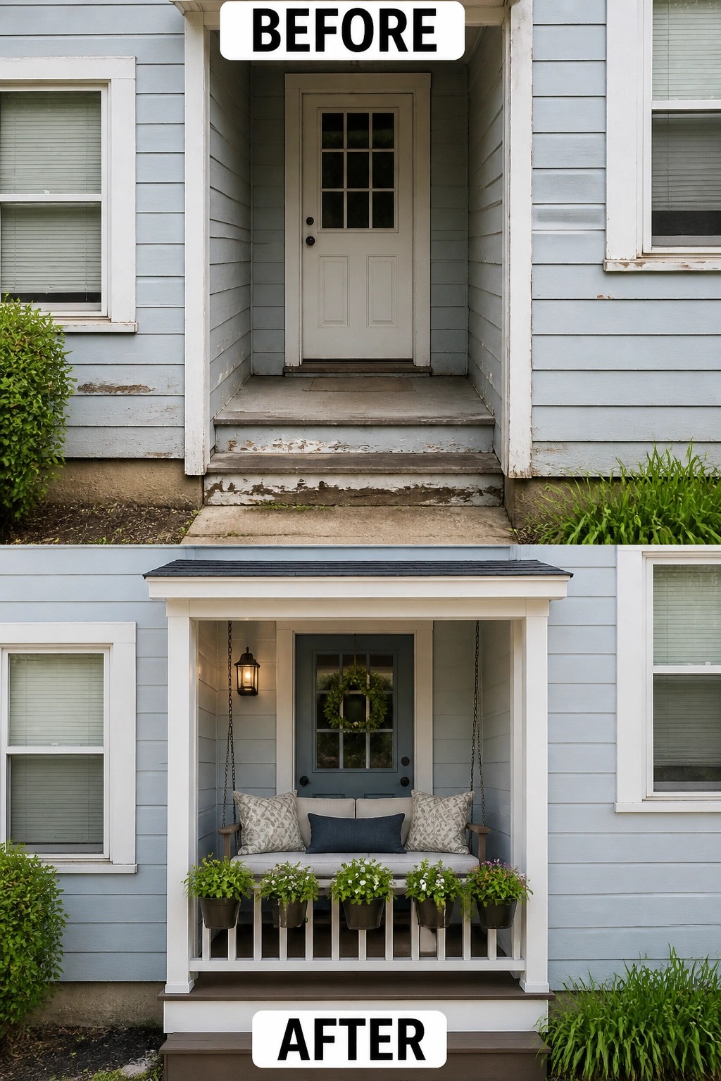 Before and after of light blue house porch with swing, wreath, and plants.