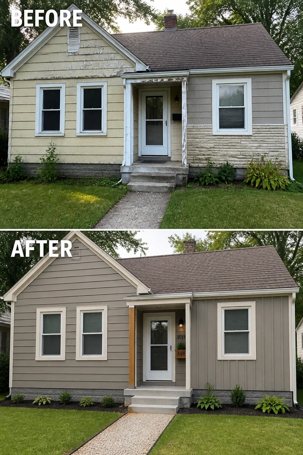 Before and after of a house with new gray siding and updated porch.