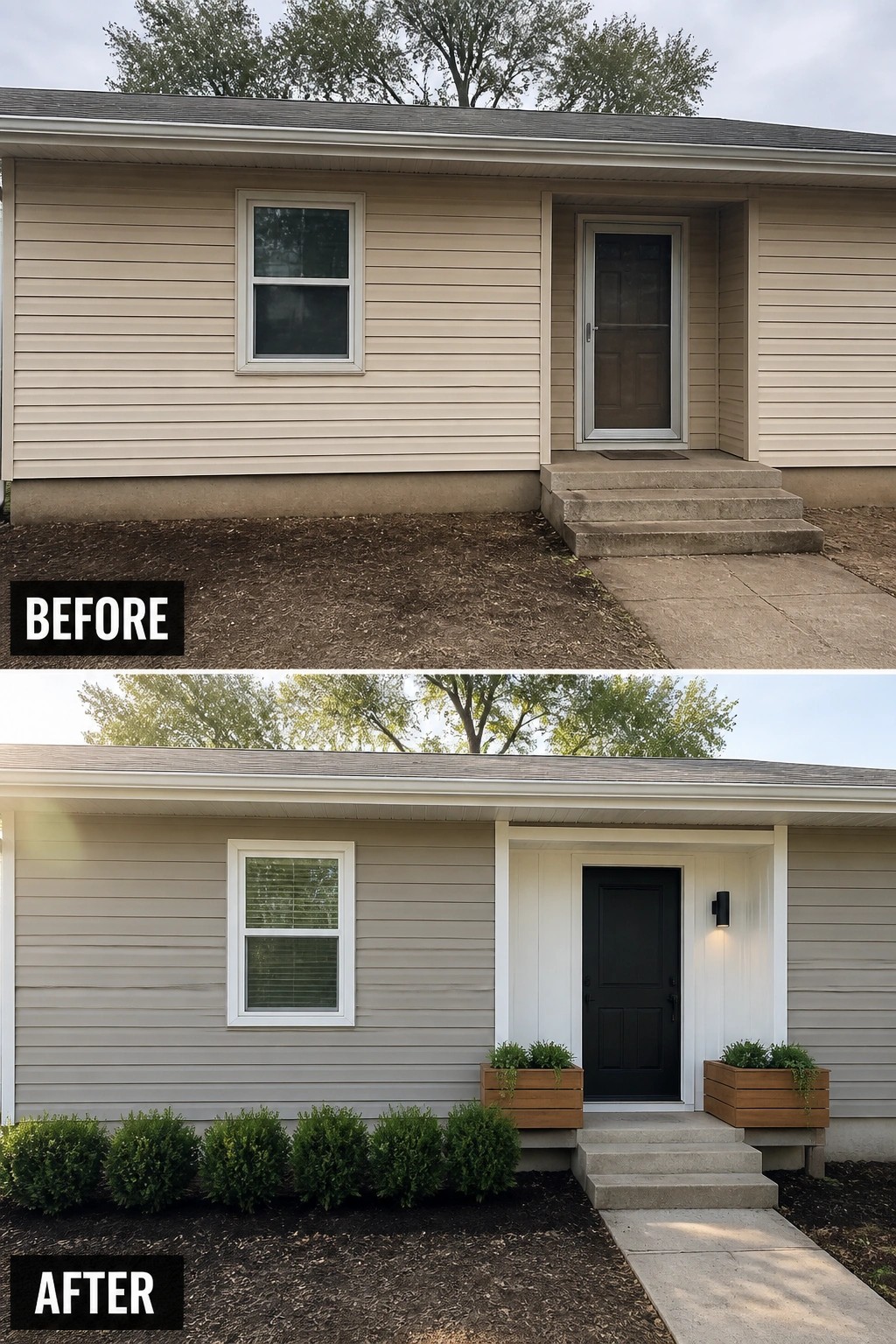 Before and after house entrance with new black door, planters, and landscaping