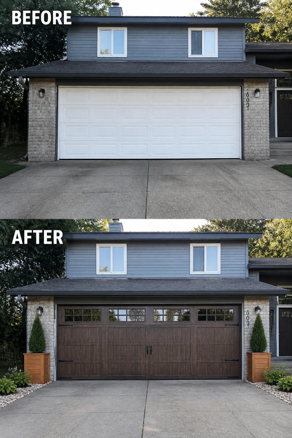 Before-and-after of gray house with white versus dark brown garage doors and planters