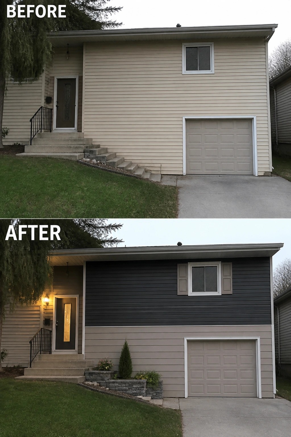 Before and after of beige house with new dark gray siding and landscaping