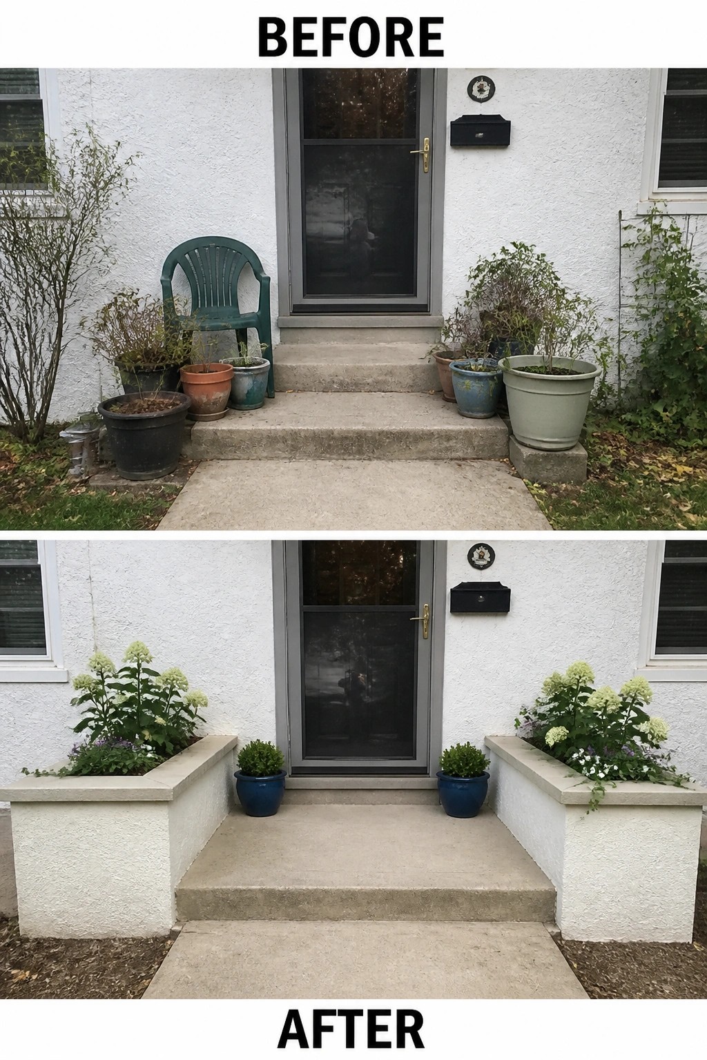 Before-and-after house entrance: cluttered pots and chair replaced by neat concrete planters with flowers.