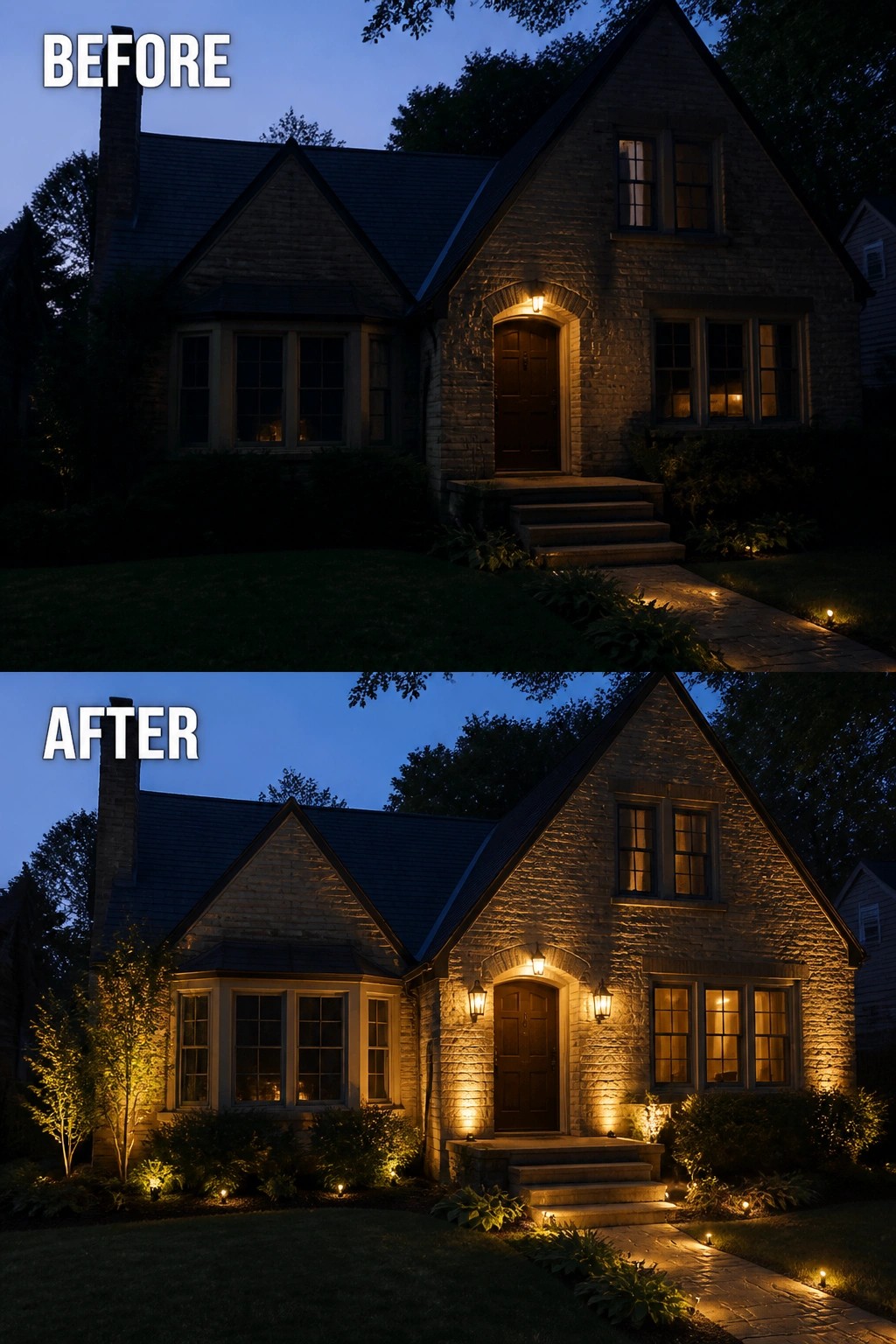 Before and after of brick house with enhanced nighttime exterior lighting