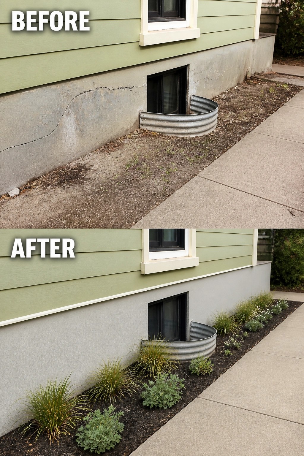 Before and after of cracked foundation repaired with added garden bed and plants