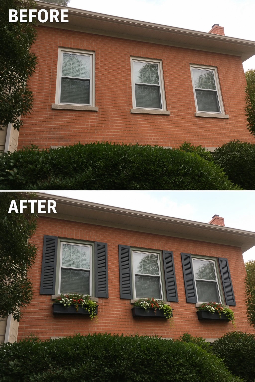 Before-and-after image of a brick house exterior updated with dark shutters and flower boxes under the windows.