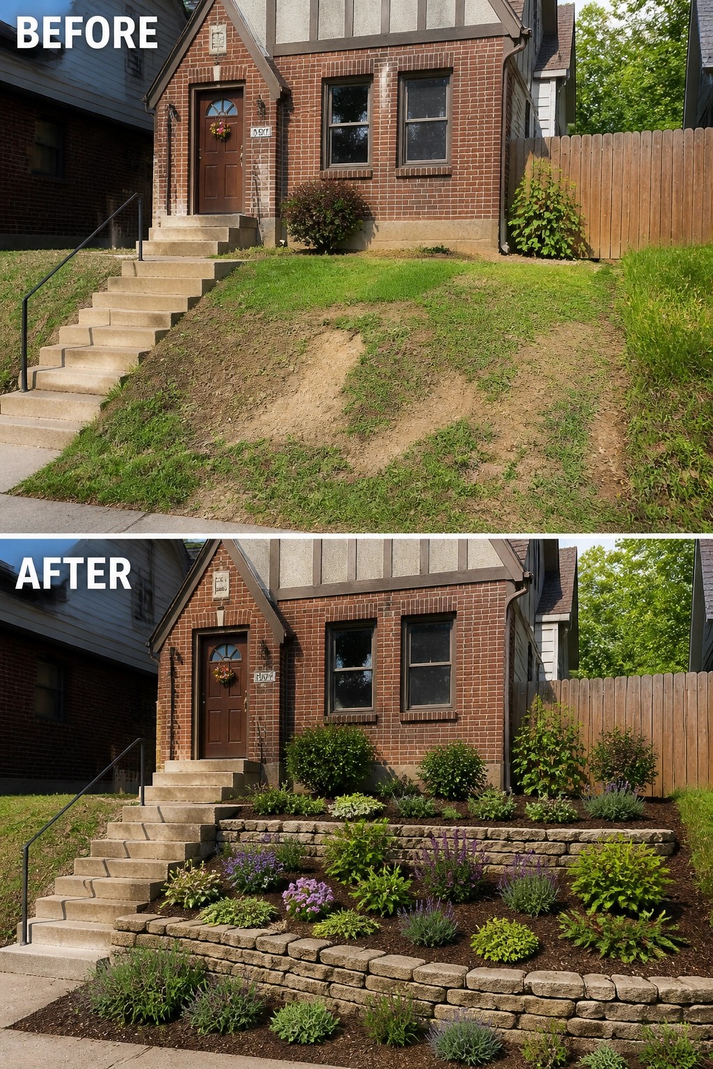Before and after of brick house yard with new terraced garden landscaping.