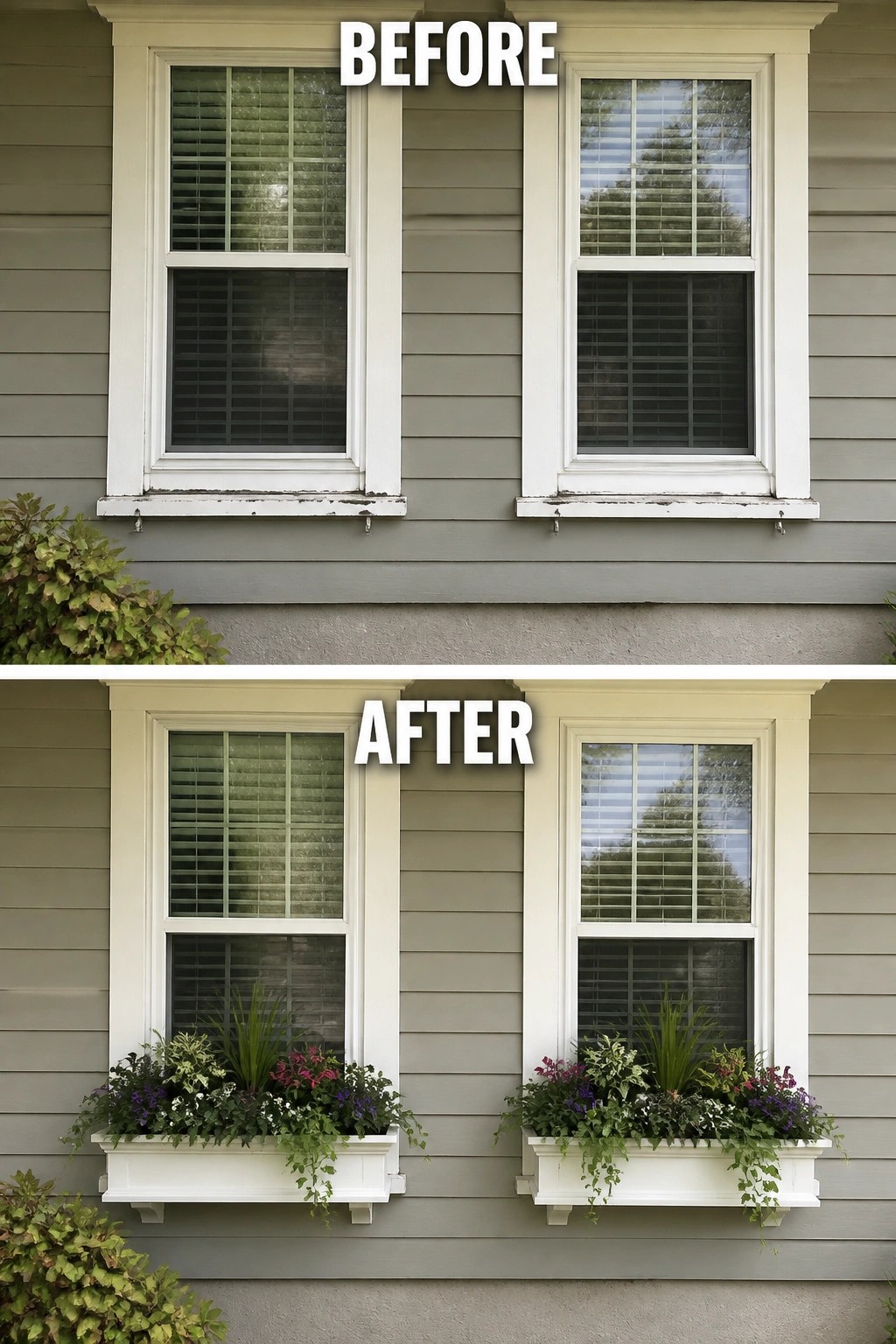 Before-and-after image of a house exterior with windows updated by adding flower boxes filled with plants.