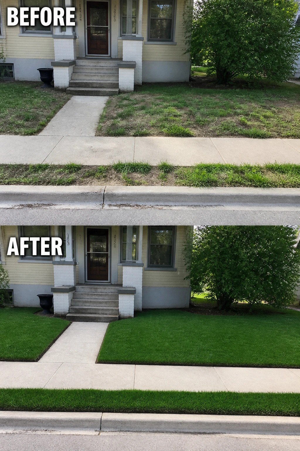 Before-and-after image of a patchy front lawn turned into a clean, evenly edged lawn with defined grass strips.