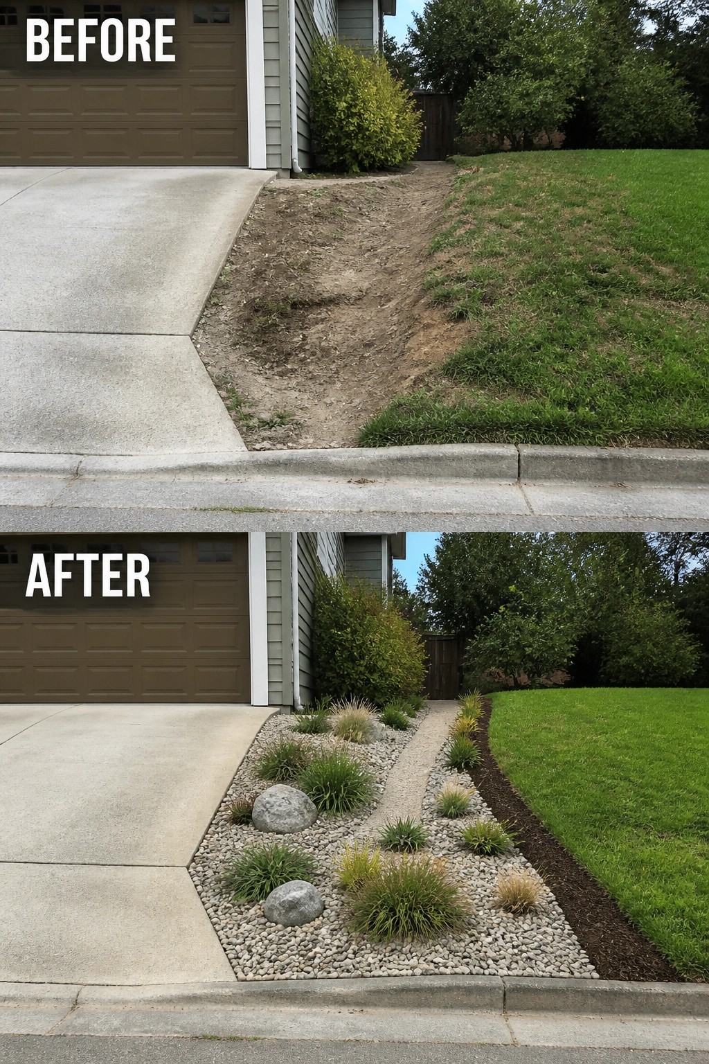 Before and after of driveway edge landscaped with gravel, rocks and grasses.