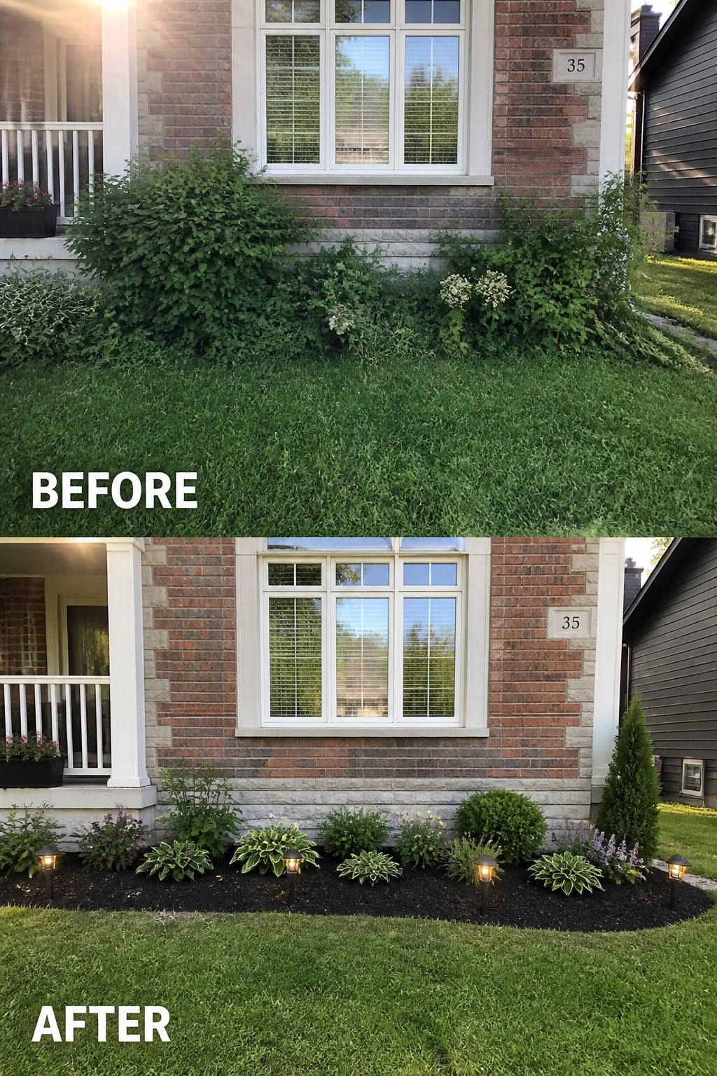 Before and after of brick house garden bed, from overgrown to landscaped with lights.