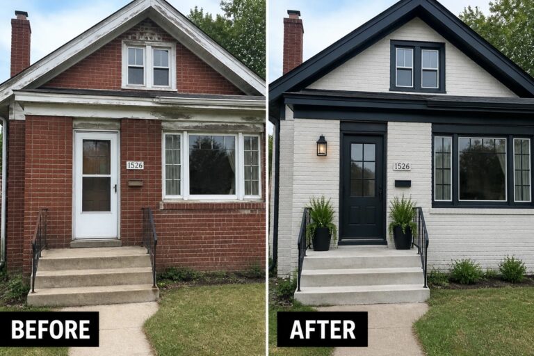 Before and after renovation of red brick house painted white with black trim.