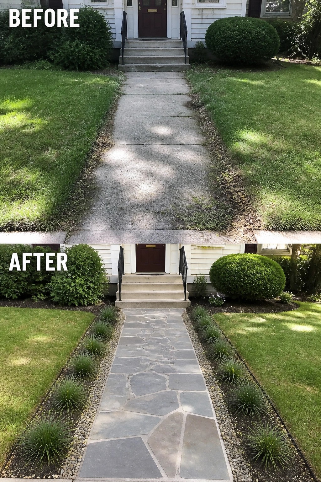 Before and after of concrete walkway upgraded to stone pavers with grass borders.