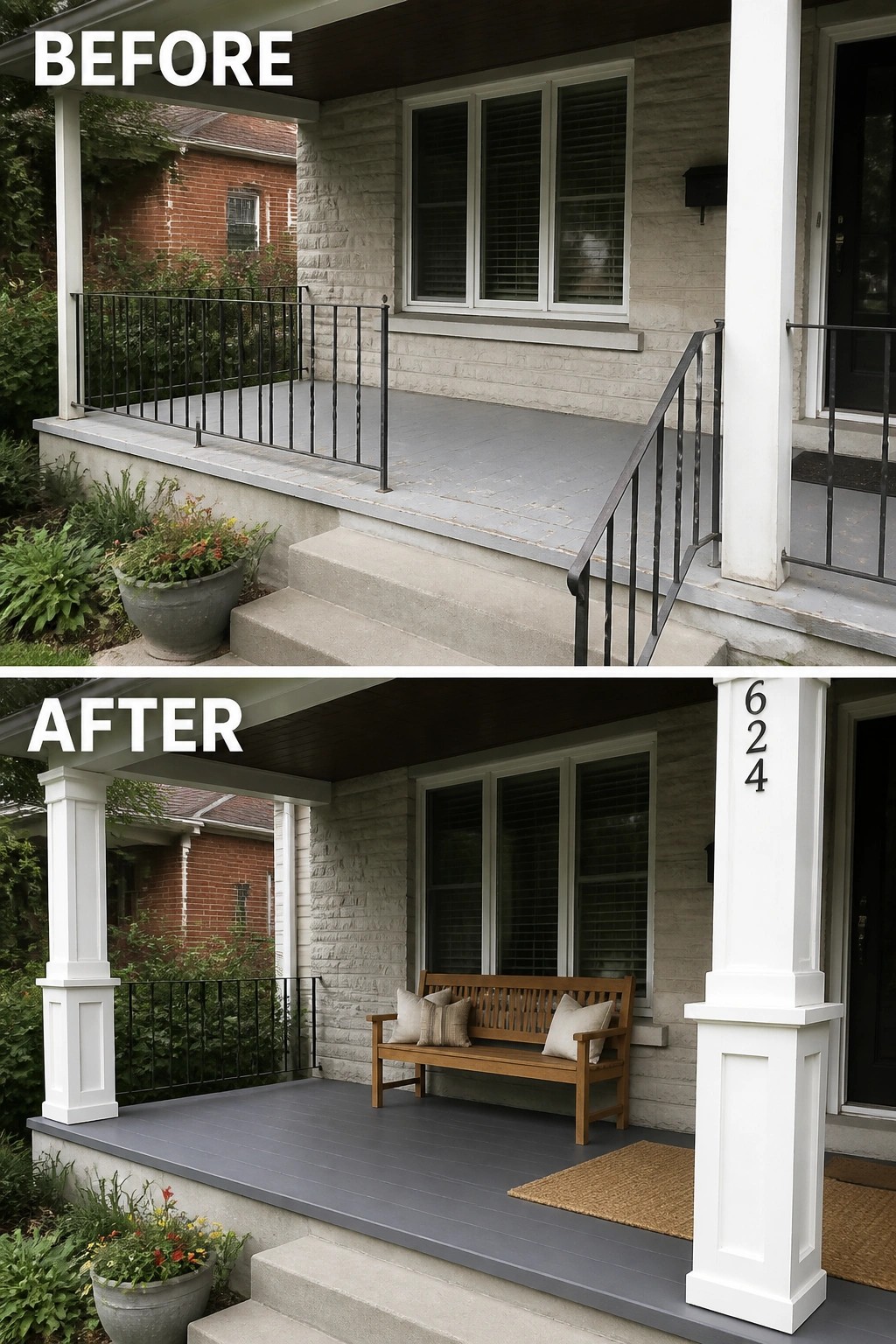 Before and after porch renovation with new white pillars, bench, and dark deck.