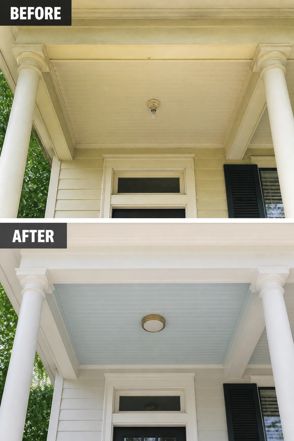 Before and after of a porch ceiling repainted from yellow to light blue.