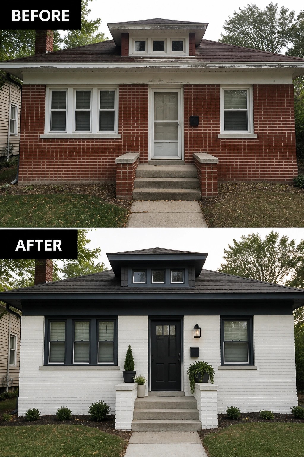 Before and after renovation of red brick house painted white with black trim.