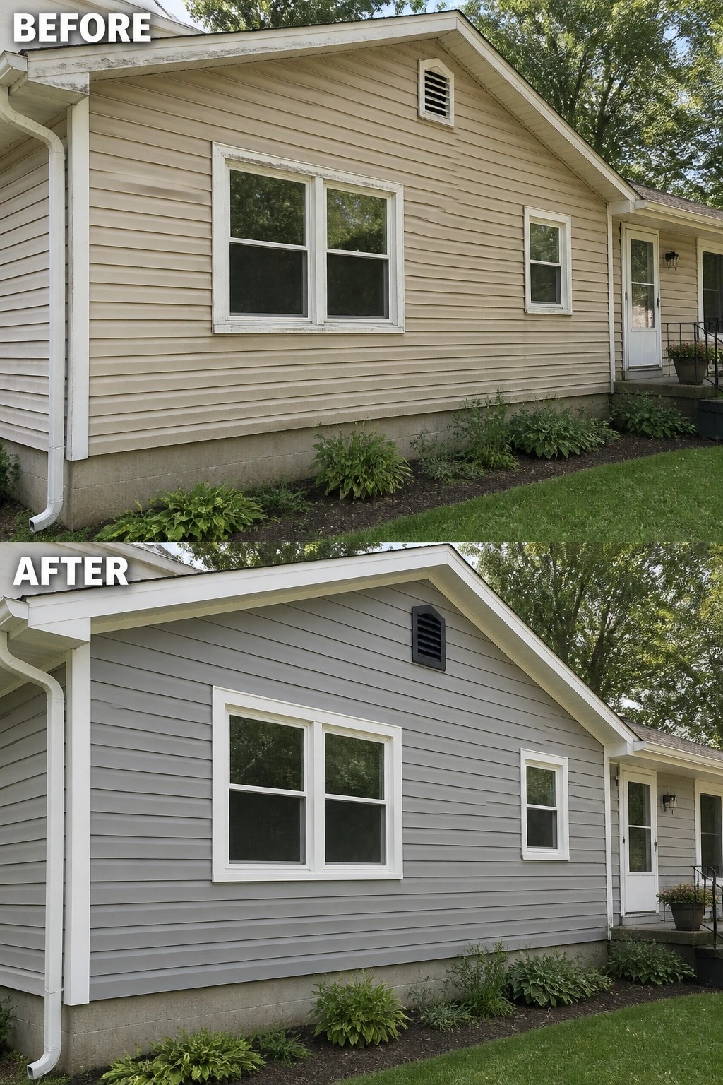 Before-and-after image of a house exterior with faded beige siding changed to fresh gray paint and an updated vent.