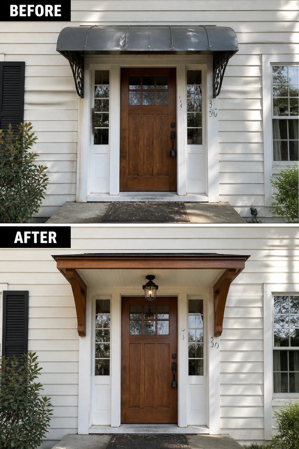 Before-and-after image of a house entry where a metal awning is replaced by a wooden one with brackets and a new lantern light.