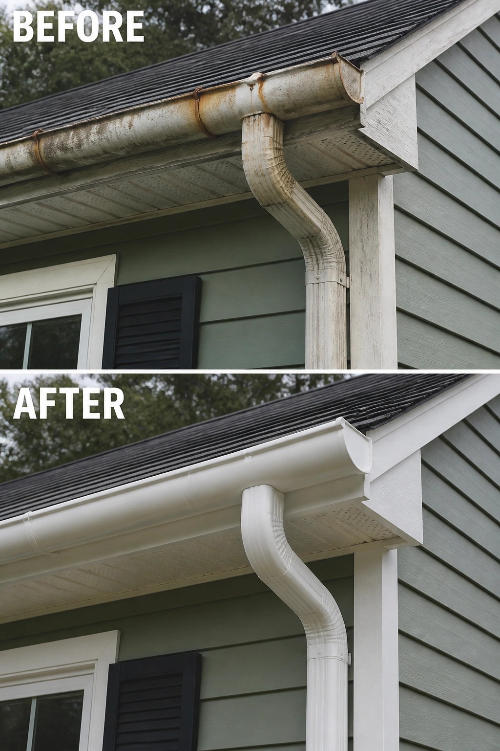 Before-and-after image of rusty gutters and downspout replaced with clean white ones on a green house exterior.