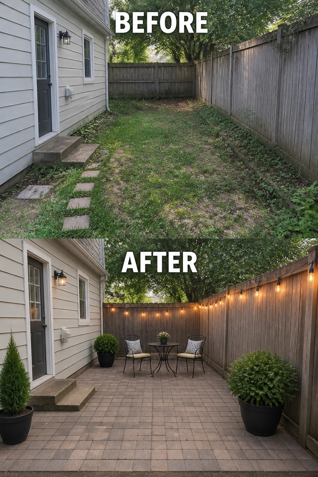 Before-and-after image of an overgrown backyard changed into a paved patio with a small seating area and string lights along the fence.