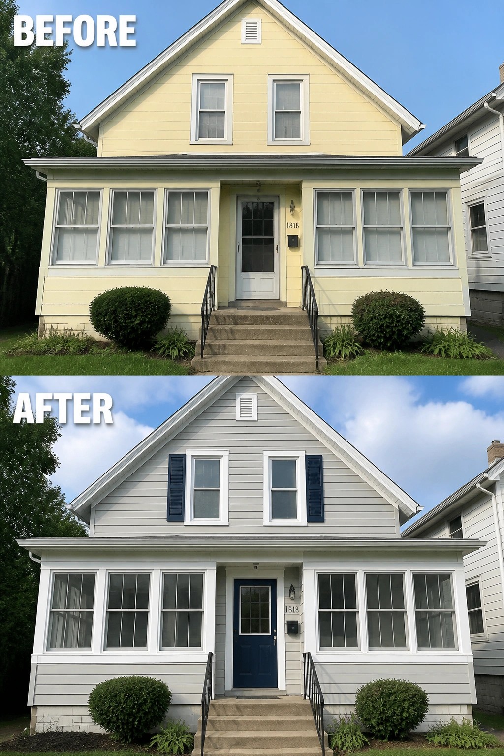 Before-and-after image of a yellow house exterior repainted gray with white trim, blue shutters, and a blue front door.