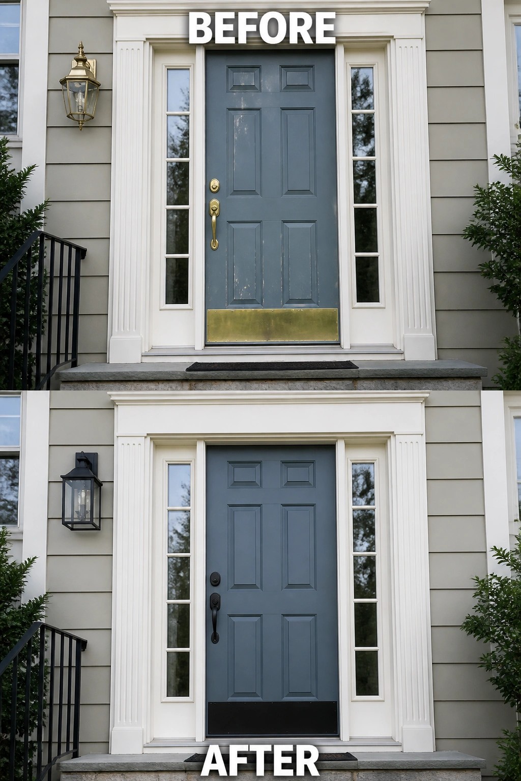 Before and after views of blue door with updated black hardware and light.
