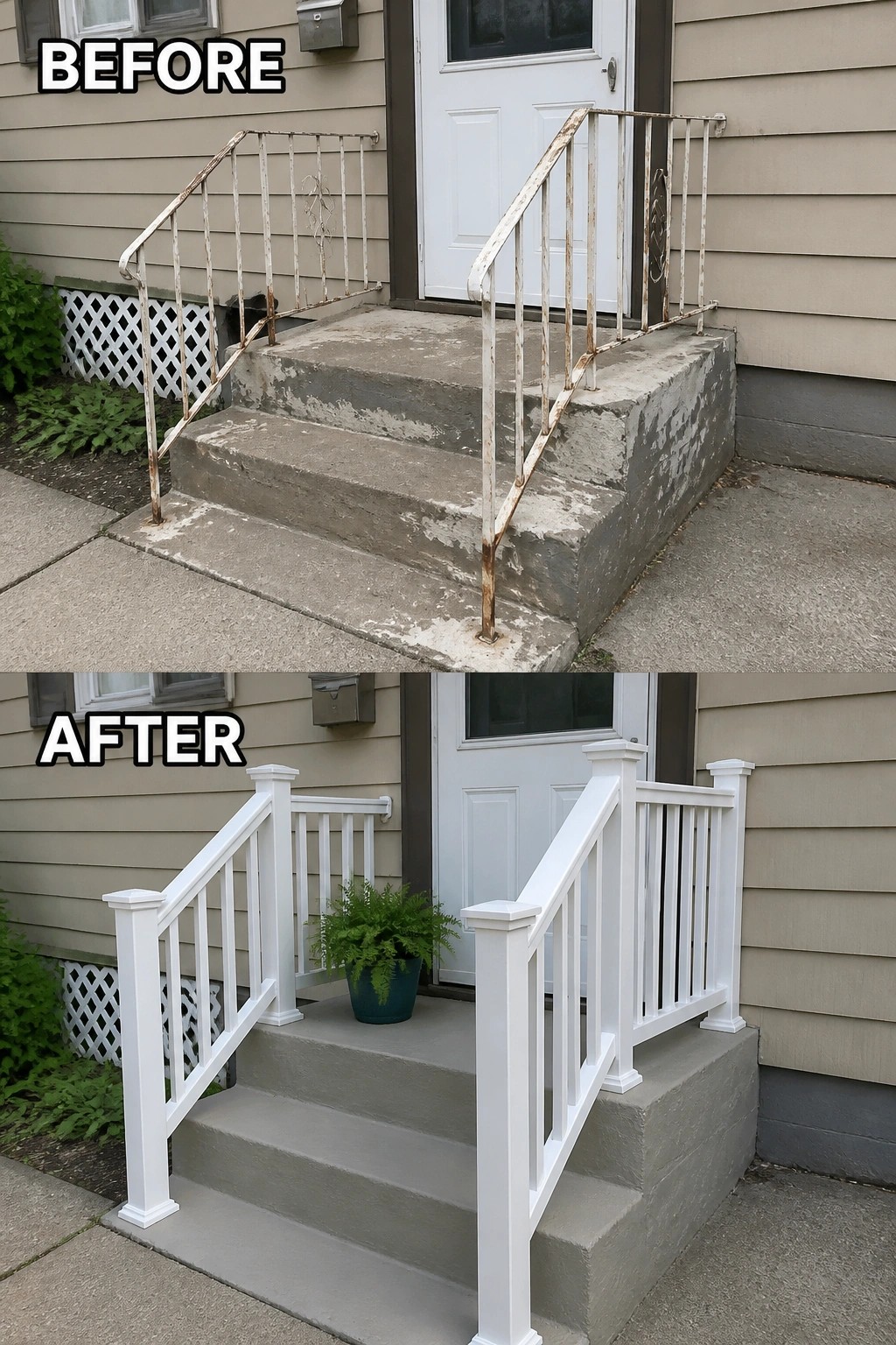 Before and after of steps with rusty metal railings replaced by white wooden ones