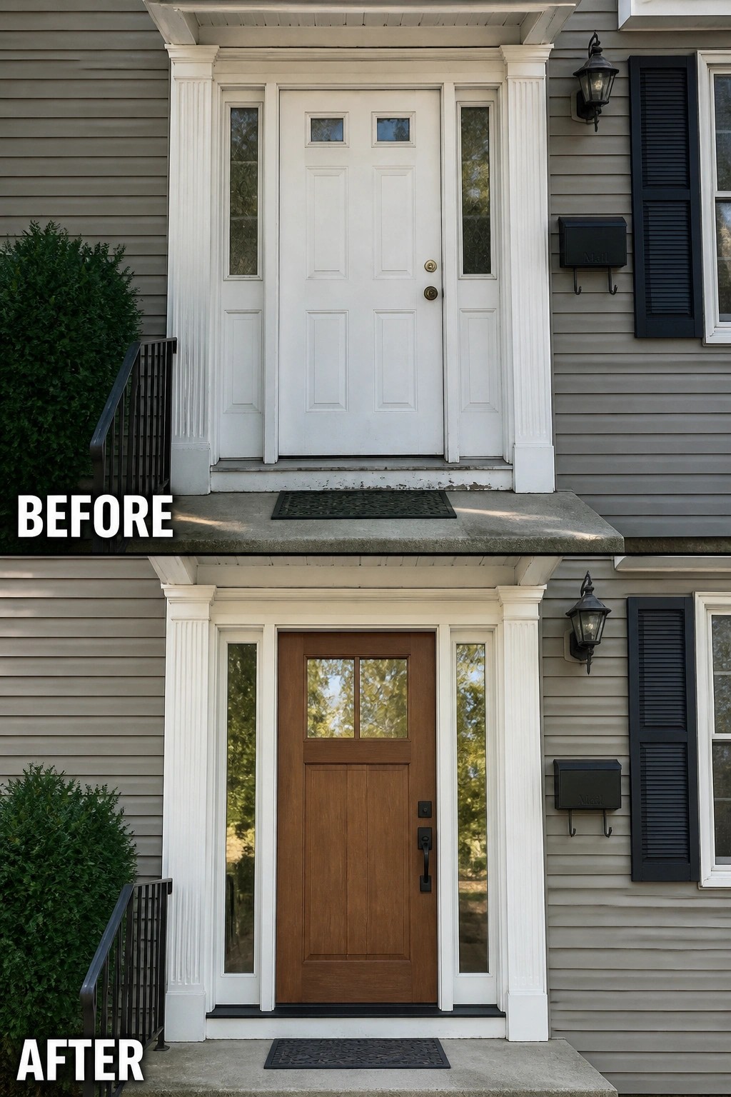Before and after of house front door changed from white to brown wood.