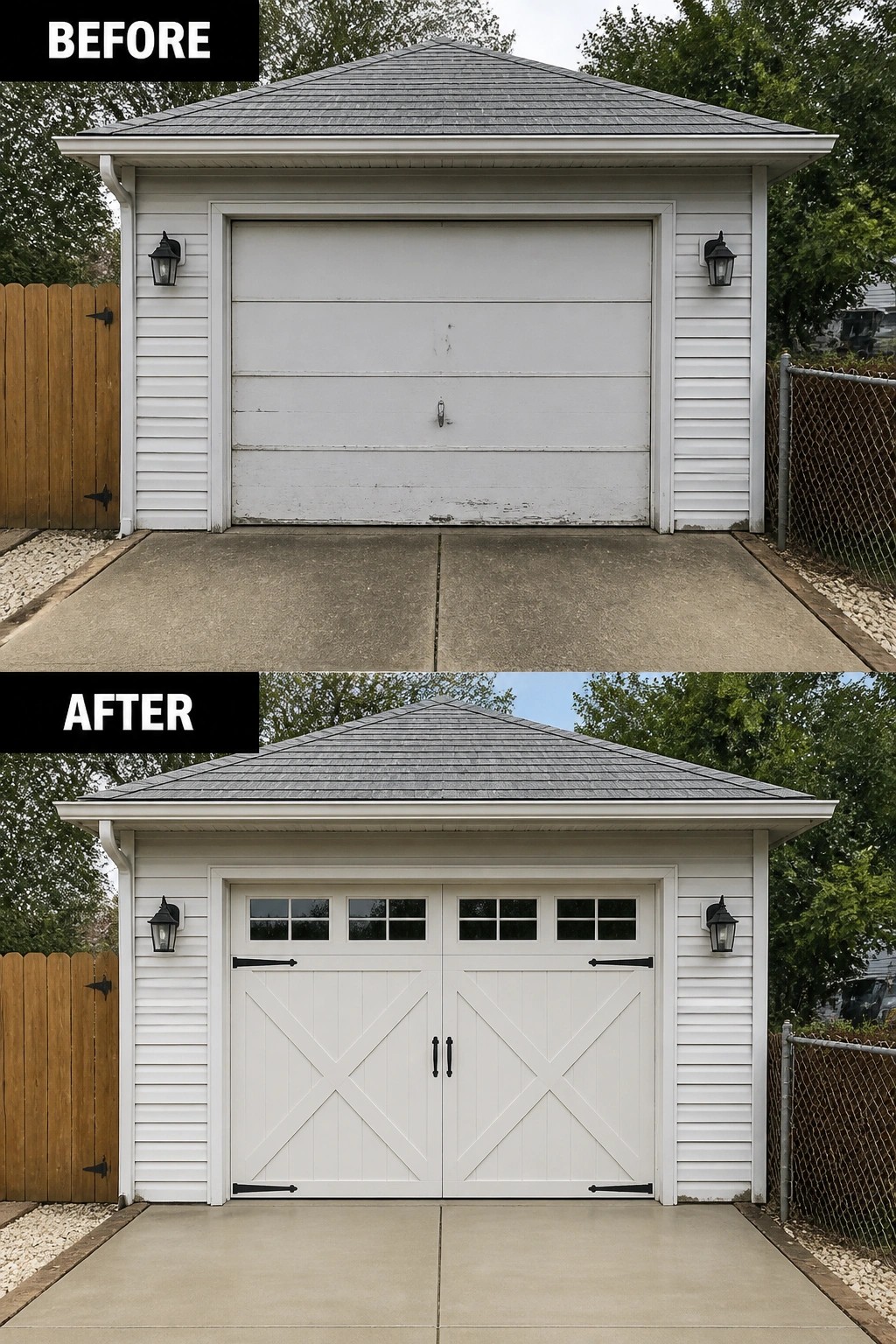 Before-and-after image of a garage showing a plain single-panel door replaced with a double carriage-style door that has windows and black hardware.