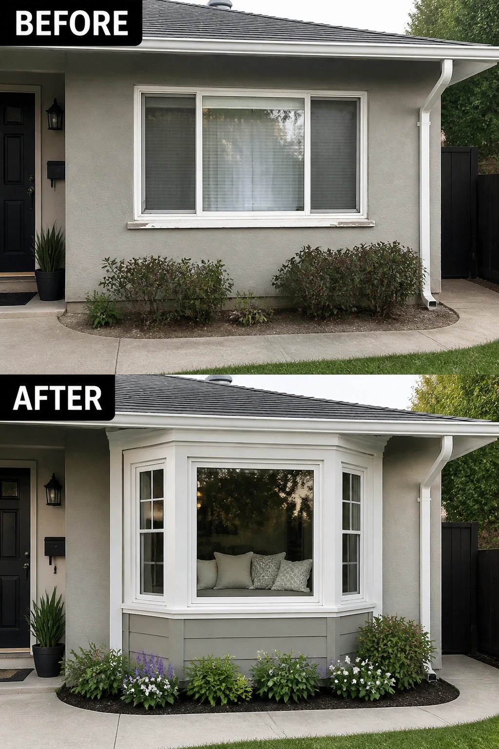 Before-and-after views of gray house with new bay window and flower garden.