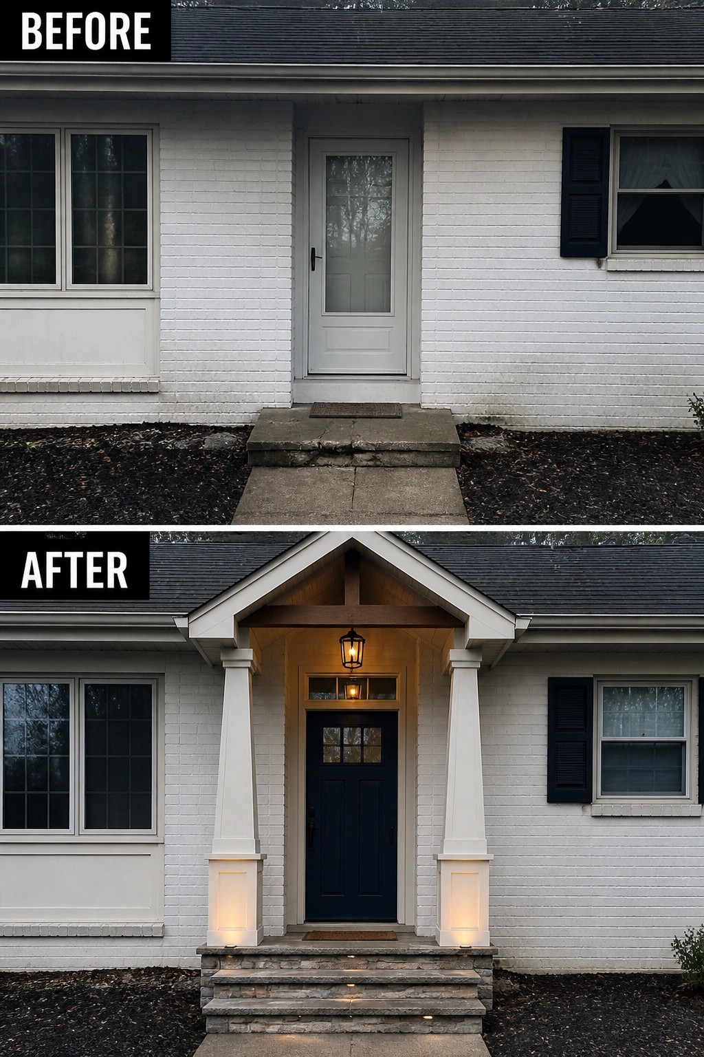 Before-and-after house entrance with new porch, columns, navy door, and stone steps.