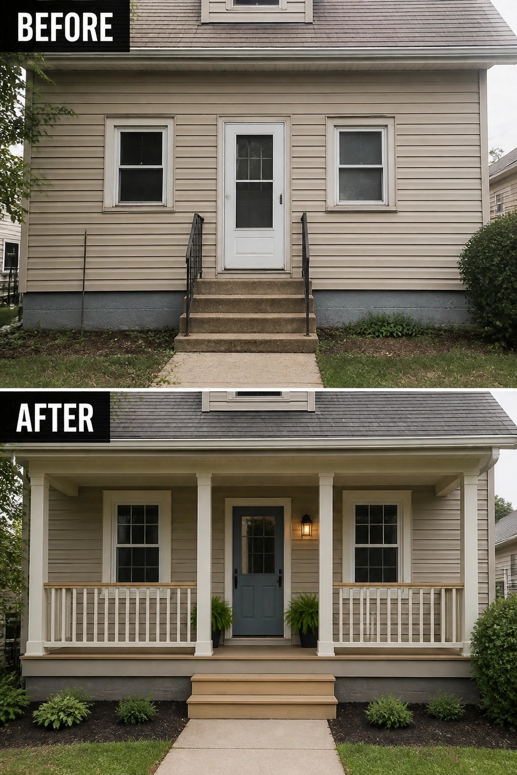Before-and-after image of a house exterior showing a new front porch with columns, railings, and a blue door added to the facade.